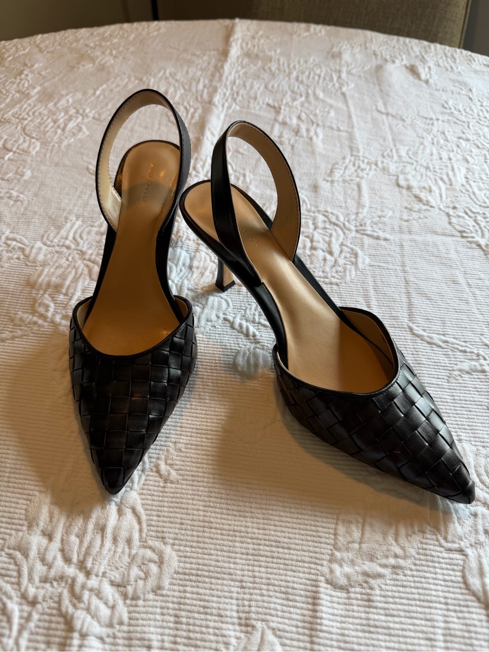 Ann Taylor Black Woven Pointed-Toe Slingback Heels